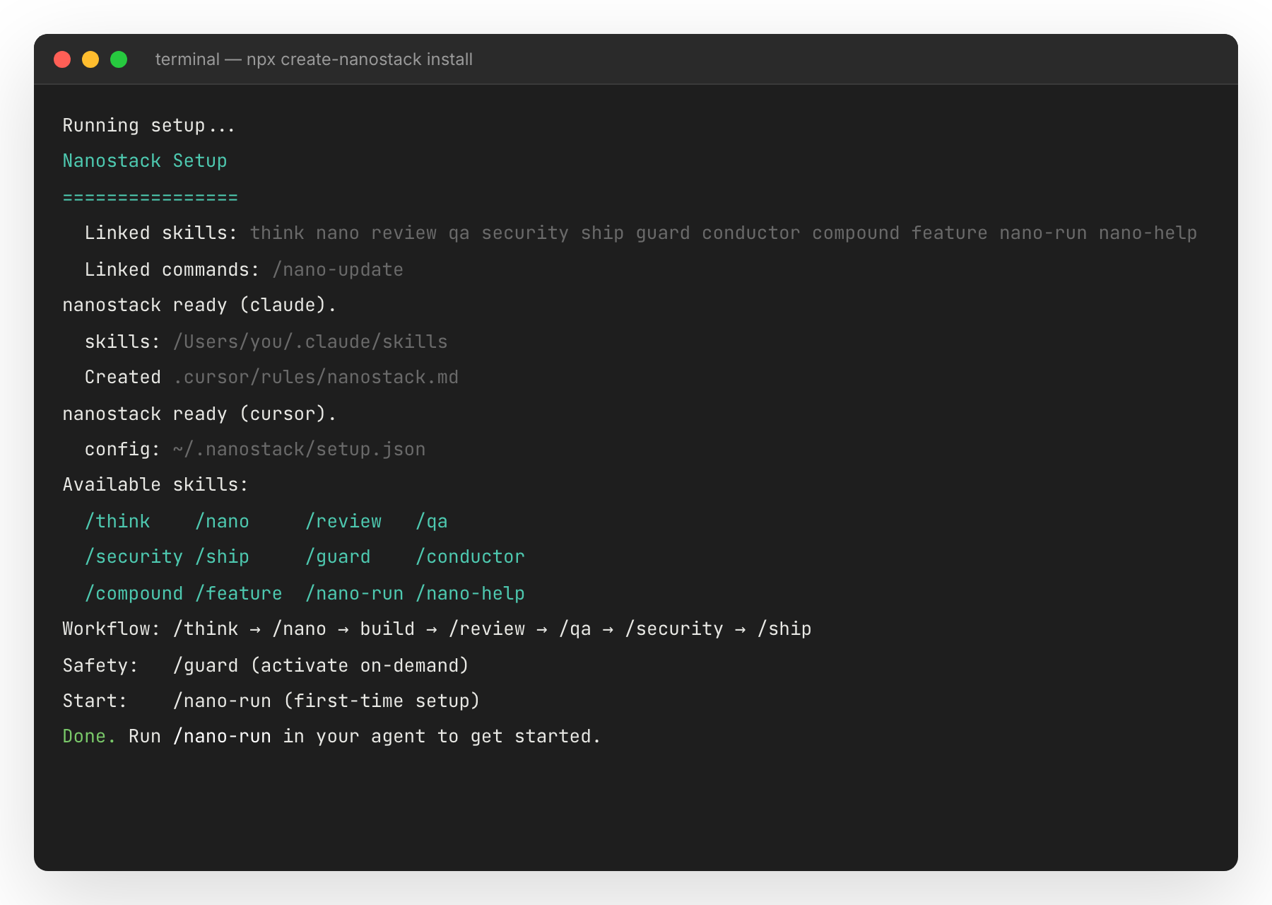 Terminal running npx create-nanostack with the installer Done line visible.