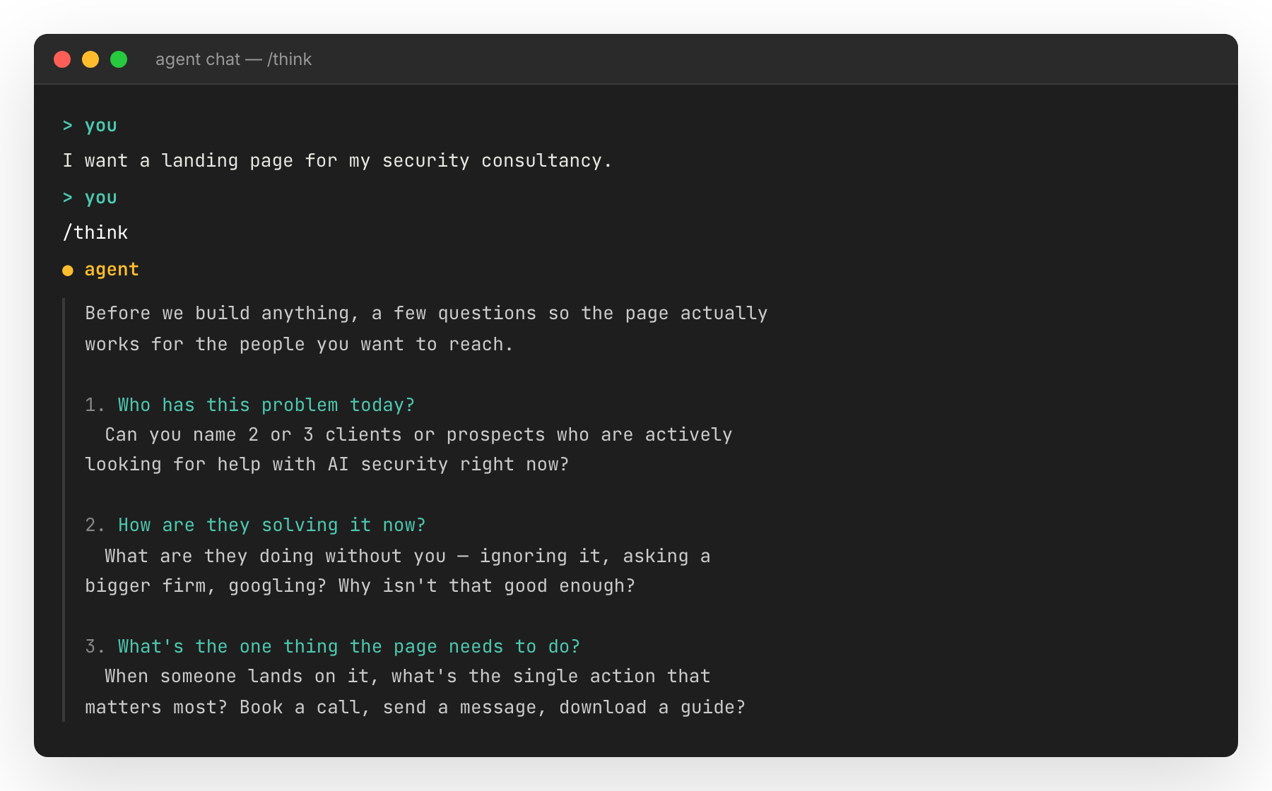Agent asking in plain language: what problem does this solve, who will use it, what should someone do on the page.