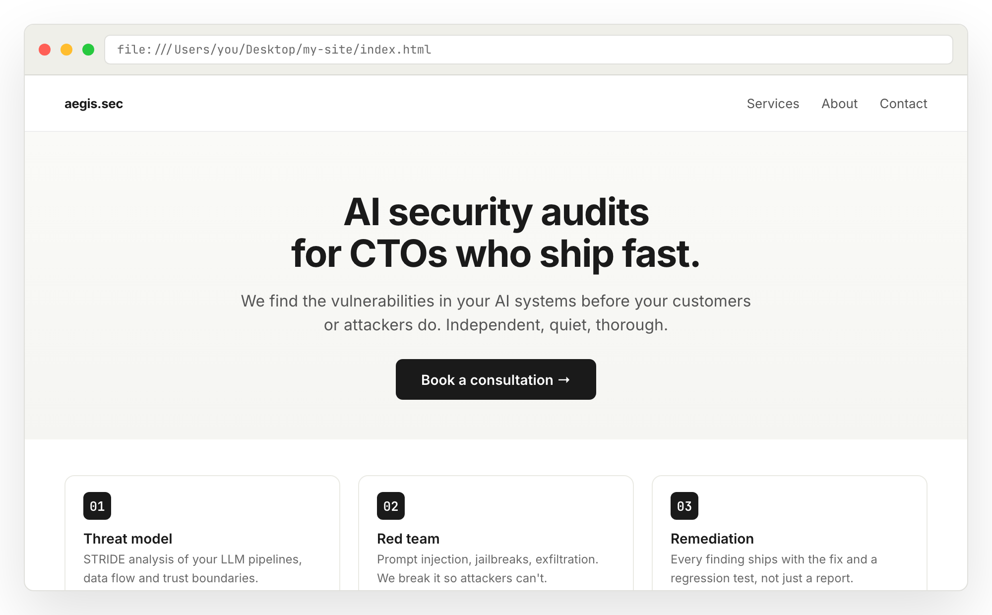 Finished landing page open in a browser tab, showing the aegis.sec hero, benefits, and a call to action.