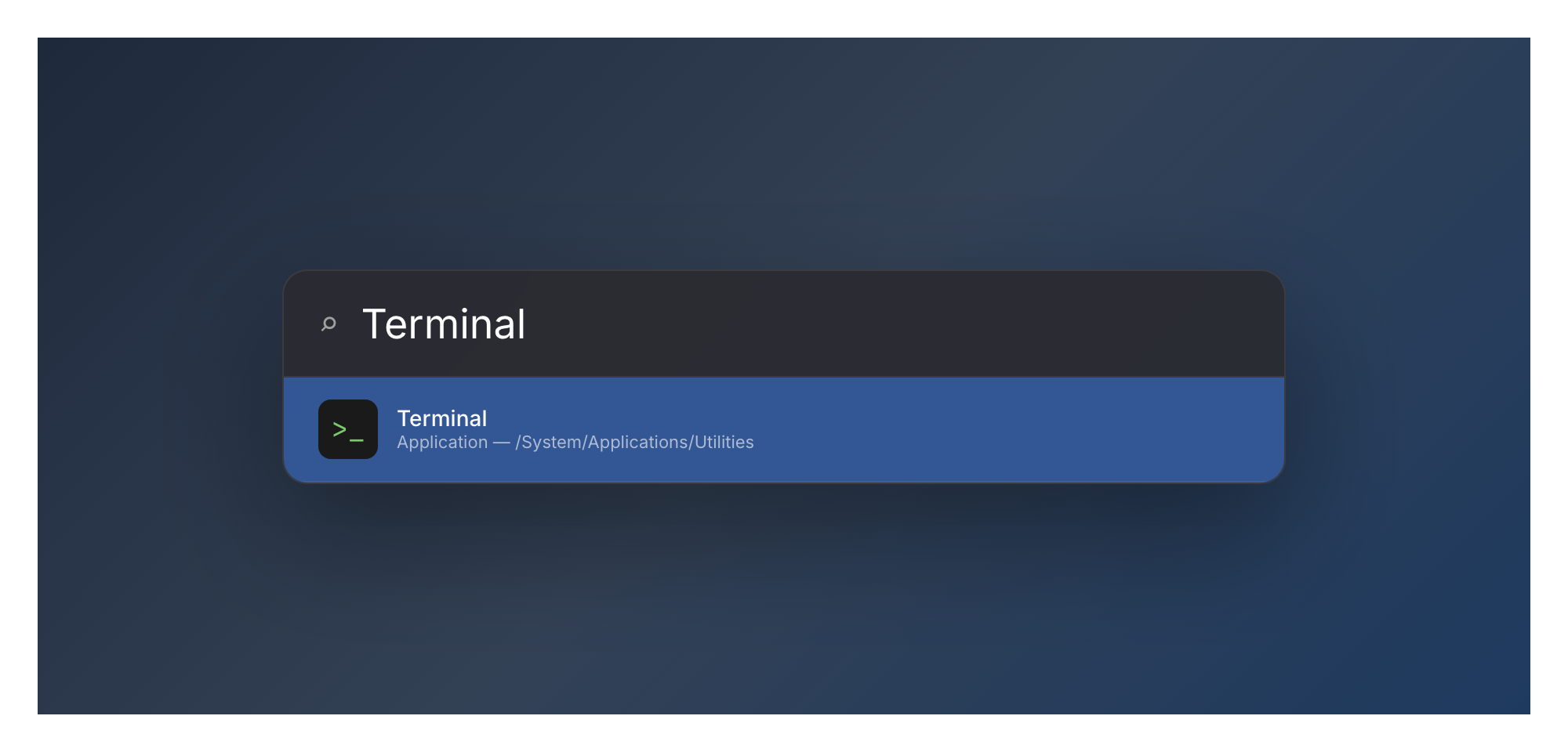 macOS Spotlight search with Terminal typed in, the Terminal app highlighted as the top match.