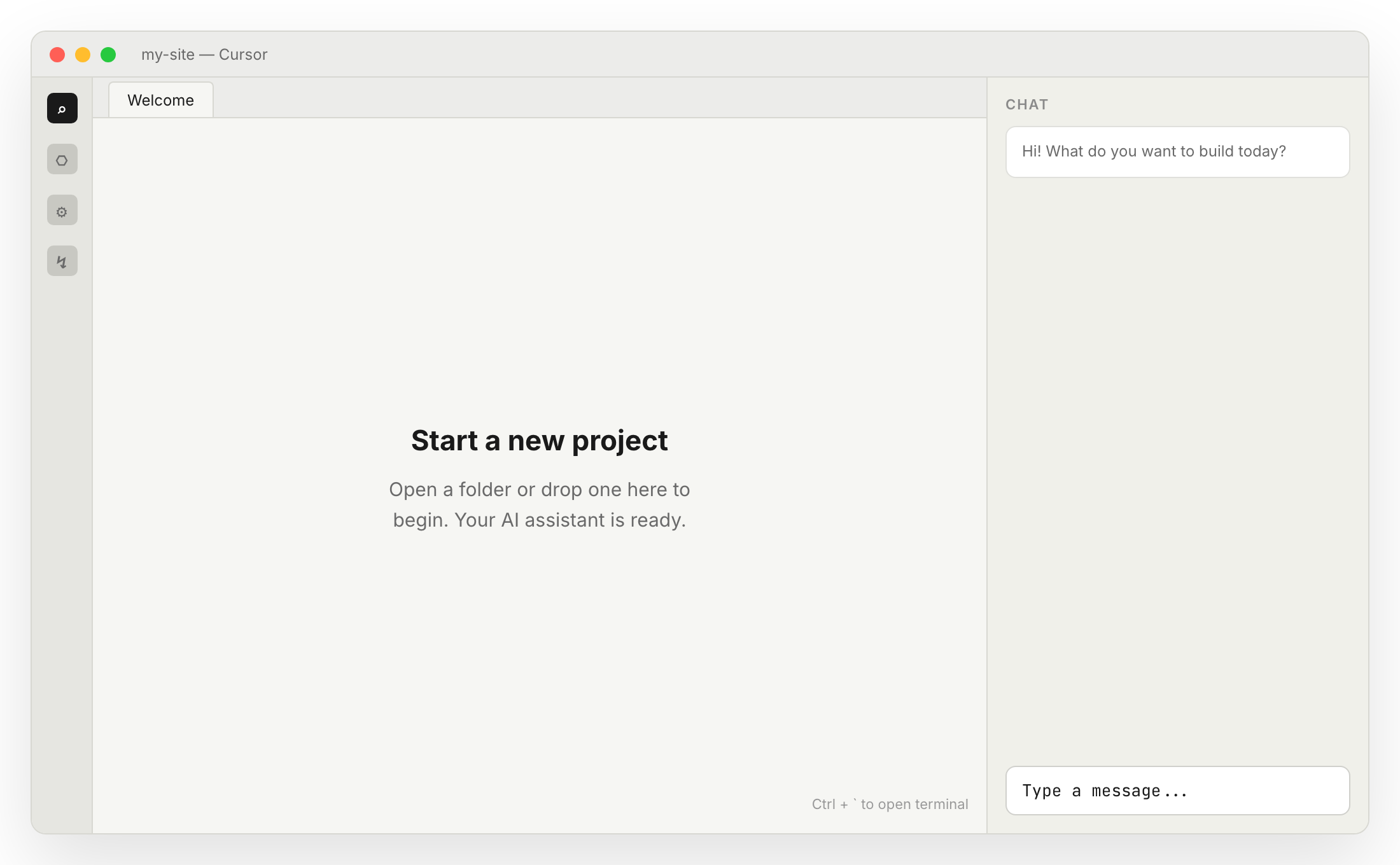 Cursor app window open on an empty project, welcome panel and empty chat on the right.