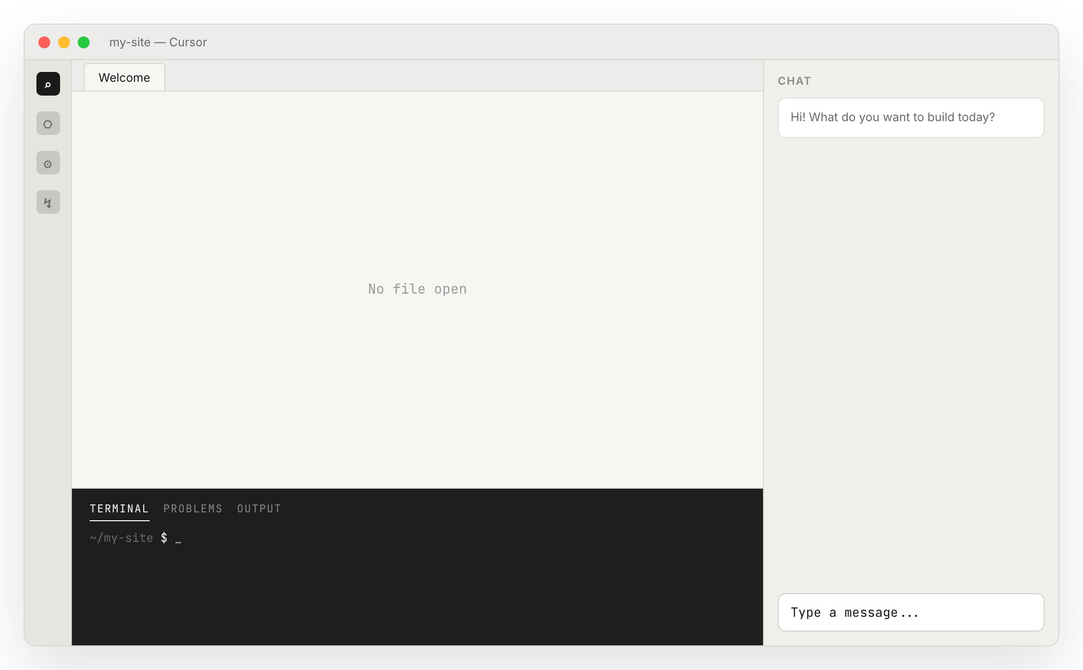 Cursor with the terminal panel open at the bottom, ready for input.