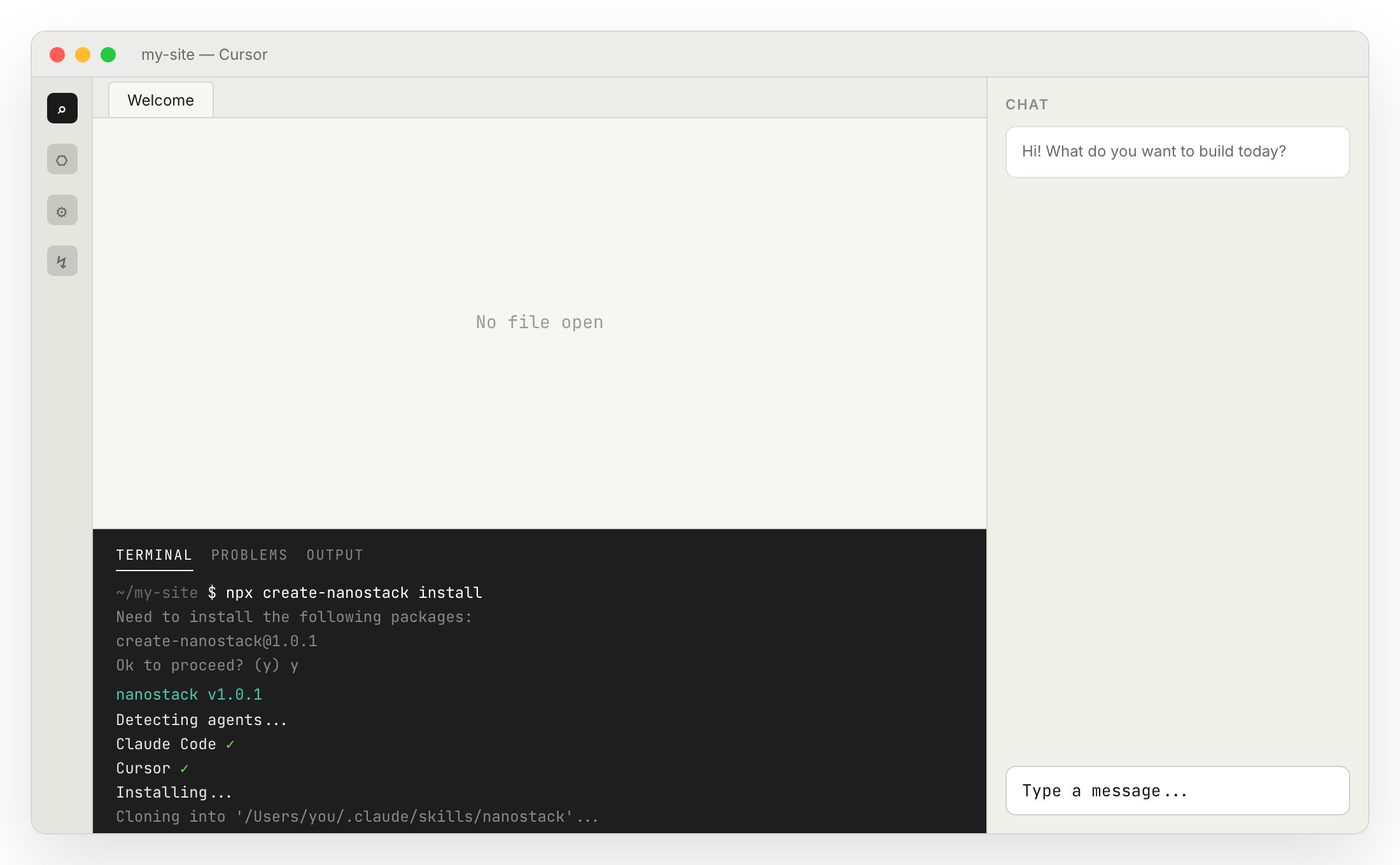 Cursor terminal running npx create-nanostack with the installer progressing.