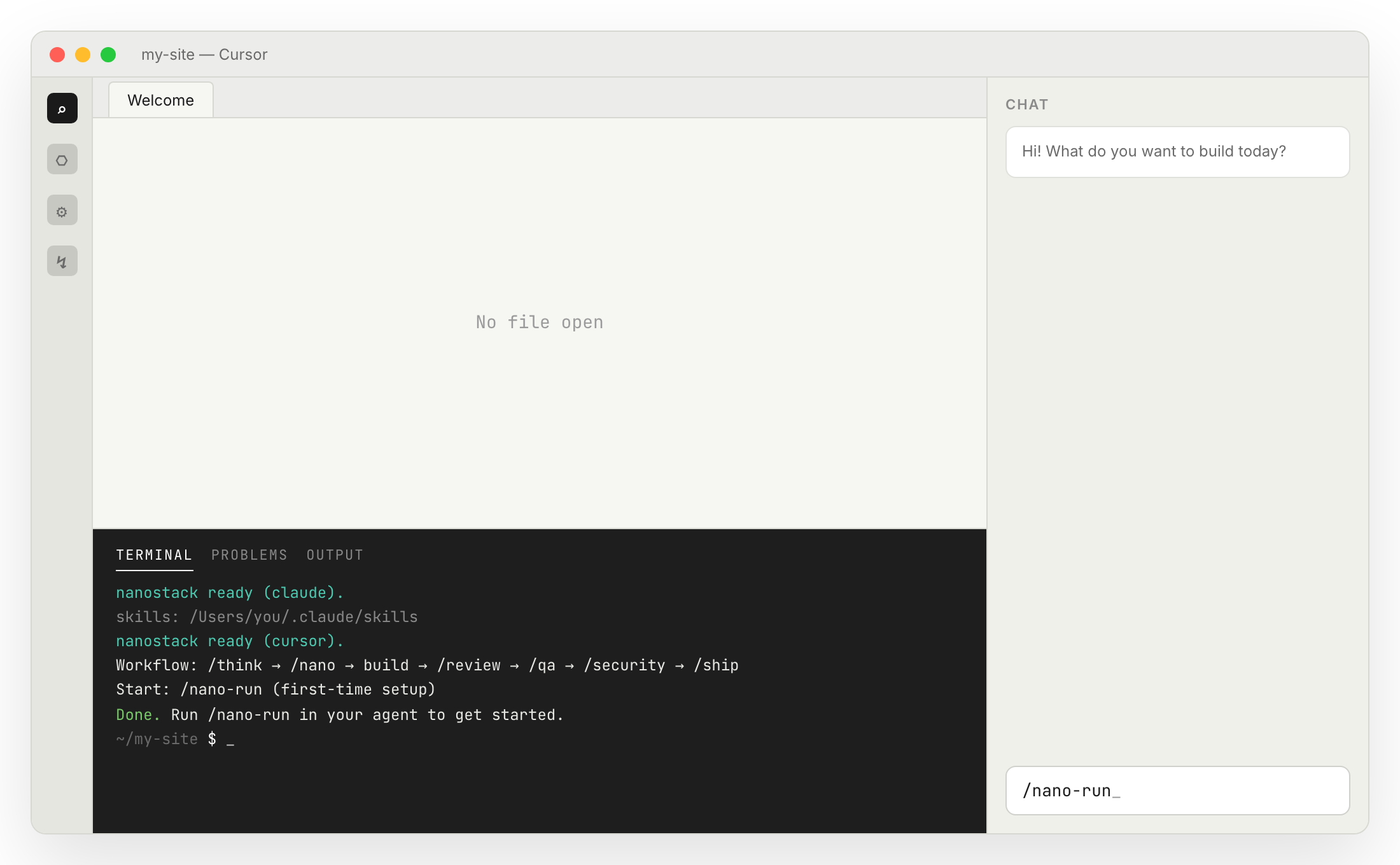 Cursor chat with /nano-run typed in the input, about to be sent.
